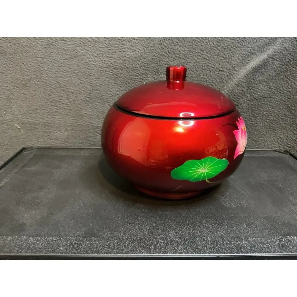 Vietnamese Lacquerware Lidded Bowl With Beautiful Lotus Flower